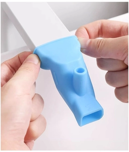 Detailed installation of blue flexible silicone faucet extender with dual water outlets