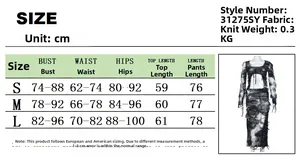 Size chart for tie-dye knit set showing chest, waist, and hip measurements in centimeters