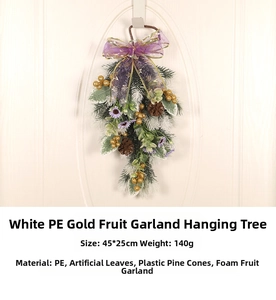 Detail of 45cm Christmas teardrop swag with PE needles, pine cones, and purple ribbon