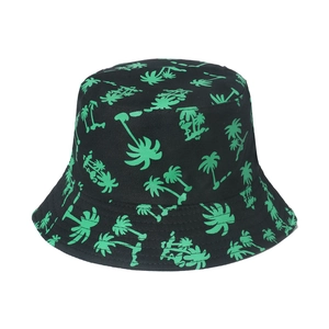 Unisex cotton bucket hat with green palm tree prints on black background for summer sun protection