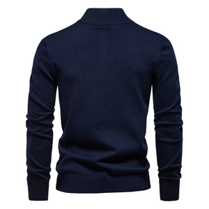 Rear view of navy blue slim fit men's knit sweater showing fine ribbed texture and collar
