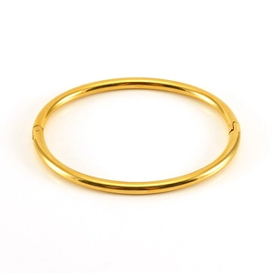 Polished gold stainless steel bangle bracelet with minimalist hinged design on white background