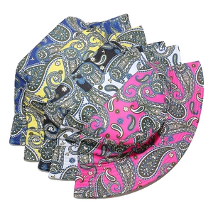 Detail showing five different paisley print bucket hats in a fan-shaped arrangement