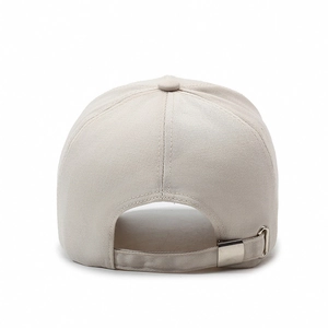 Rear view of beige cotton baseball cap with adjustable metal buckle and breathable fabric
