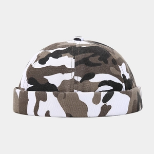 Unisex camouflage docker hat with brimless dome design in brown and black pattern