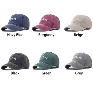 Washed cotton baseball caps with wave embroidery in six assorted vintage colors