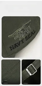 Detail of NAVY SEAL embroidery and adjustable metal buckle on camouflage baseball cap