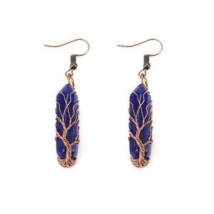 Detail of tree of life wire wrapping on dark blue crystal hexagonal earrings