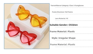 Detail of heart-shaped kids sunglasses with metal hinges and high-quality PC lenses