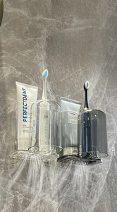 Detail of wall-mounted toothbrush holder with drainage holes for electric brushes