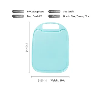 Oval light blue food-grade PP plastic cutting board with portable handle and 253mm length