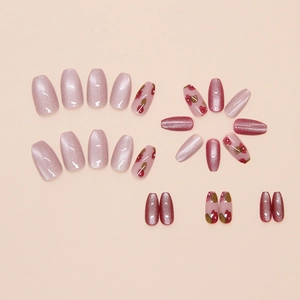 Faux ongles œil de chat roses avec fleurs rouges forme cercueil long lot de 24