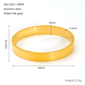 Detailed size specifications for a gold-plated 18K stainless steel flat bangle bracelet