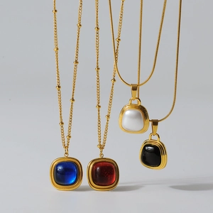 Vintage titanium steel gold necklace with square natural stone pendants in four colors