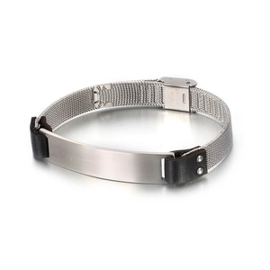Men's minimalist stainless steel mesh and black leather bracelet with engravable metal plate