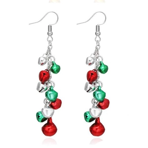 Close-up of festive Christmas bell earrings with red and green metal bells on silver hooks