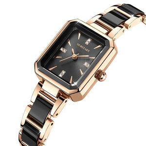 Elegant rose gold and black ceramic square women's watch with diamond markers