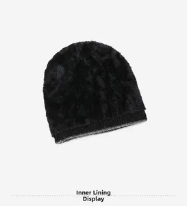 Detail of soft black faux fur lining and knit ribbed cuff for thermal winter hat