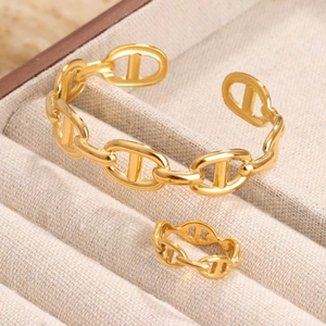 Vintage Anchor Chain Bracelet And Ring Titanium Steel Gold Plated C Shape Open Bangle Jewelry For Women