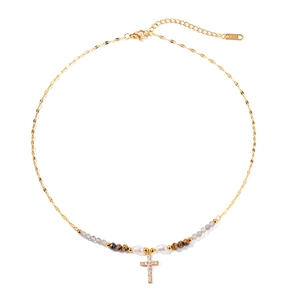 Minimalist 18K gold titanium steel necklace featuring a cross pendant and freshwater pearls