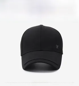 Front view of black baseball cap showing classic six-panel design and metal buckle detail