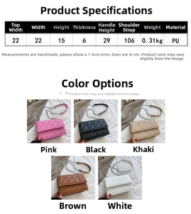 Detailed size chart and multi-color options for quilted PU leather chain crossbody bag