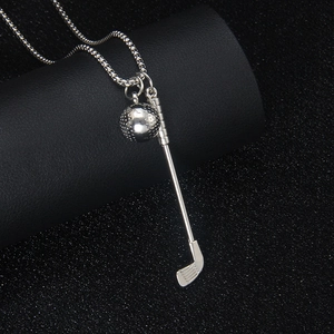 Minimalist silver golf club and ball pendant necklace with sleek box chain design
