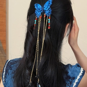 Détail de la pince à cheveux papillon bleu avec glands dorés portée sur une coiffure élégante