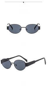 Front- und 45-Grad-Seitenansicht der Vintage Oval Cat-Eye Sonnenbrille mit Metalldetails