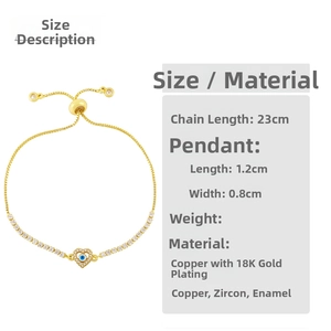 Detail view of gold heart bracelet with blue evil eye pendant and 23cm adjustable chain