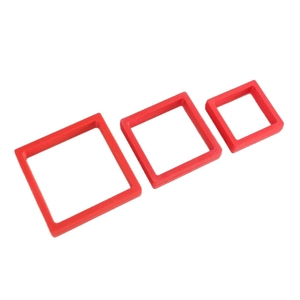 Red square PE film jewelry display boxes in a 3-piece set for floating suspension storage