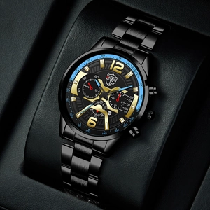 Macro view of DEYROS men's chronograph watch with blue tachymeter bezel in a leather gift box
