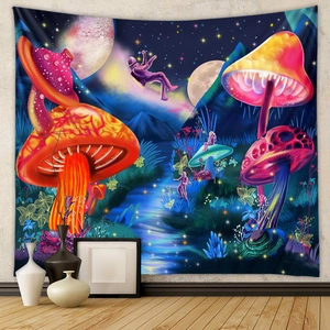 Psychedelic Mushroom Tapestry Wall Hanging Polyester Astronaut Starry Sky Moon Trippy Aesthetic Decor For Bedroom Living Room