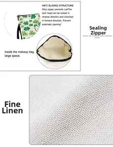 Détail de la texture en lin et du zip en alliage du sac à cosmétiques trèfle