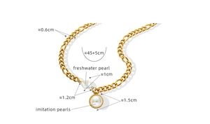 Close-up of 18k gold plated chain with freshwater pearl and imitation pearl pendant