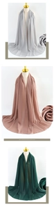 Close-up collage of pearl chiffon hijabs in grey, pink, and green with fabric texture detail