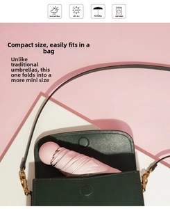 Pink mini capsule umbrella being placed into a small green leather bag for portability
