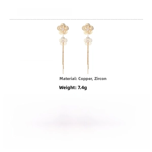 Detailed view of gold flower drop earrings with zircon inlay and long tassels dimensions