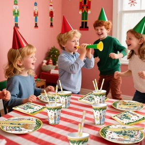 Nutcracker party tableware set with plates and cups used by children at a festive celebration