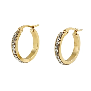 French vintage gold stainless steel hoop earrings with sparkling rhinestones for women
