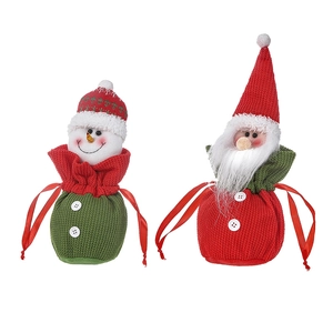 Christmas knitted drawstring gift bags featuring snowman and Santa Claus designs