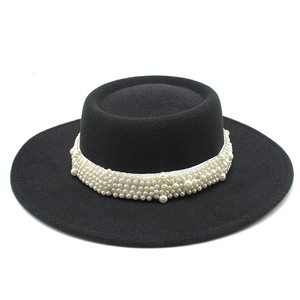 Classic black flat top wool felt boater hat with elegant white pearl bead decorations