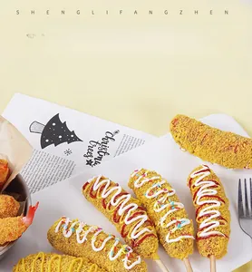 Macro shot of realistic artificial corn dogs with mustard and ketchup for food display