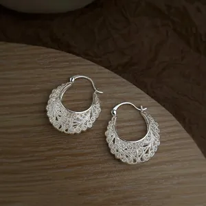 Ethnic style hollow S925 silver hoop earrings with vintage woven pattern and silver finish