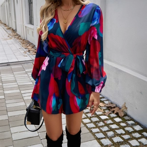Tutina elegante da donna con scollo a V e maniche lunghe con stampa floreale e vita alta