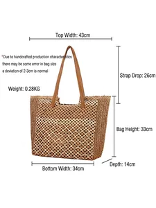 Handgewebte Strandtasche aus Stroh mit Maßangaben für Urlaub und täglichen Gebrauch