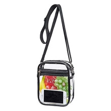 Detail of transparent PVC crossbody bag showing internal capacity with phone and fruit