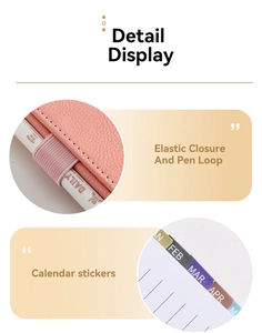 Detail display of pink leather planner featuring elastic pen loop and calendar stickers