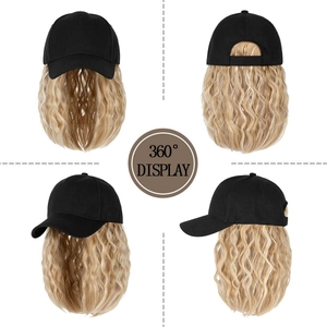 360-degree view of a black baseball cap with golden wavy synthetic wig hair