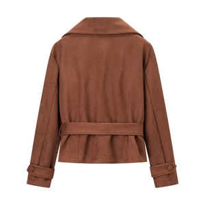 Women's brown faux suede short jacket with belt and double-breasted back view detail